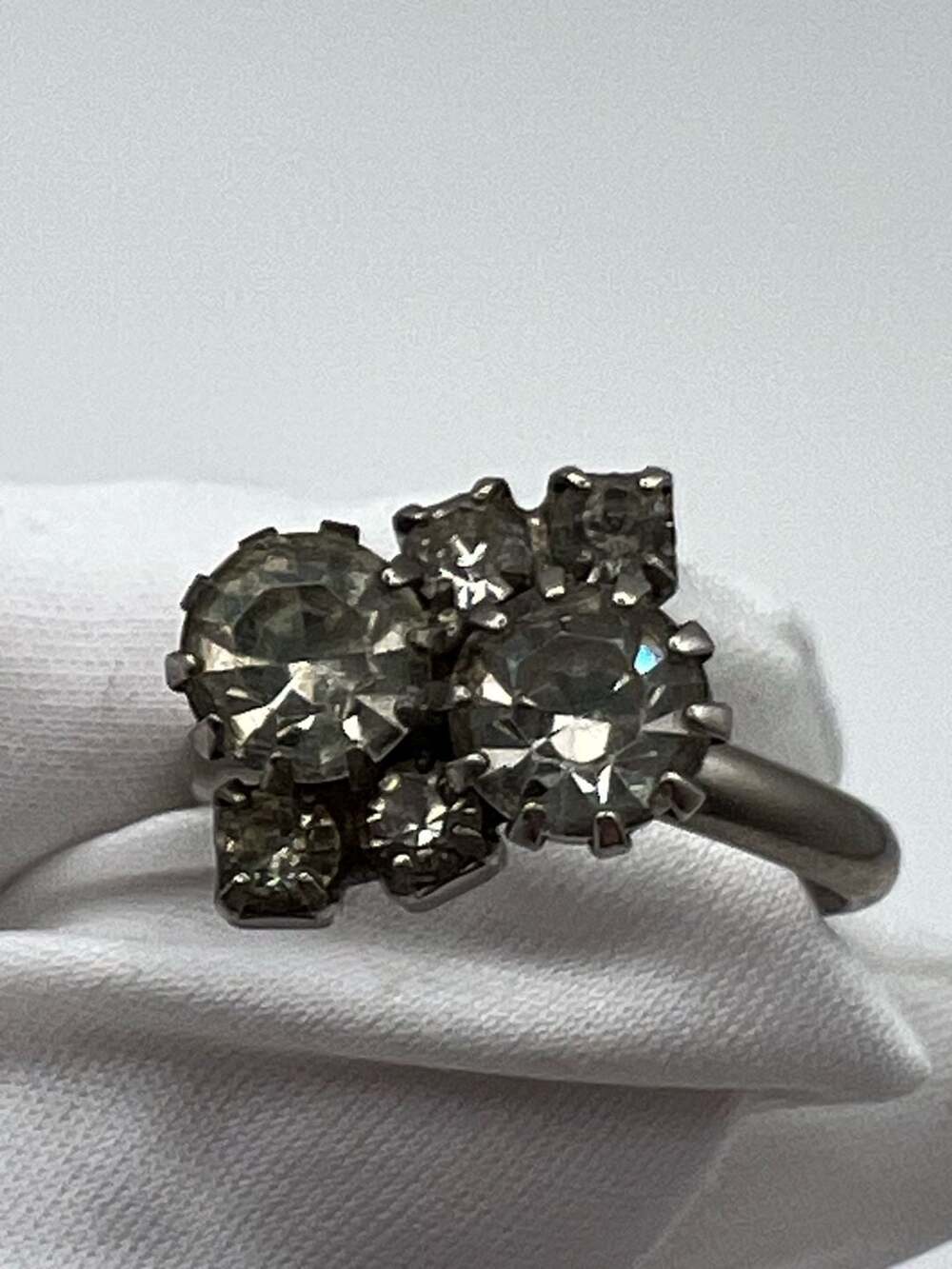 Vintage Silver Tone Cluster Rhinestone Bypass Ring Size 6